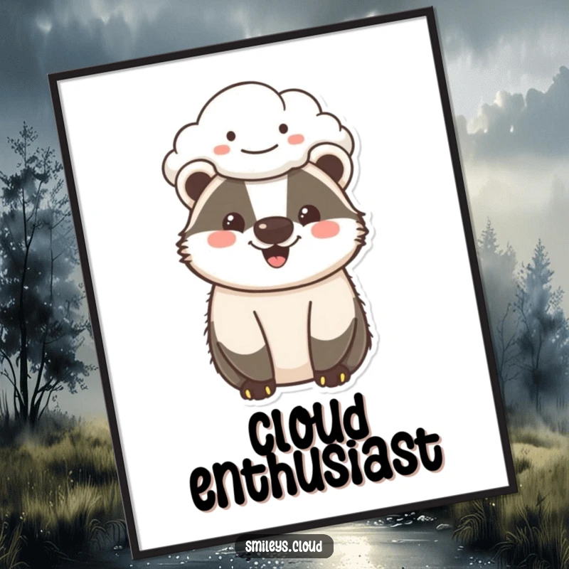 Funny cheerful badger digital art print showing a happy badger and a smiling cloud, ready for download as humorous home decor.