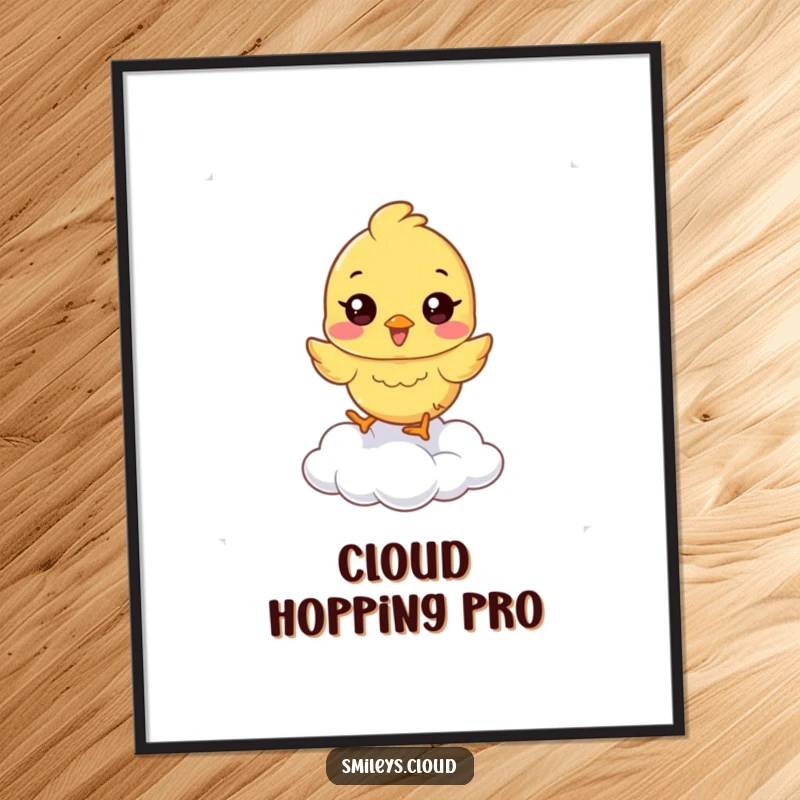 Funny chick digital art print of a happy chick hopping on a cloud, a humorous and uplifting artwork.