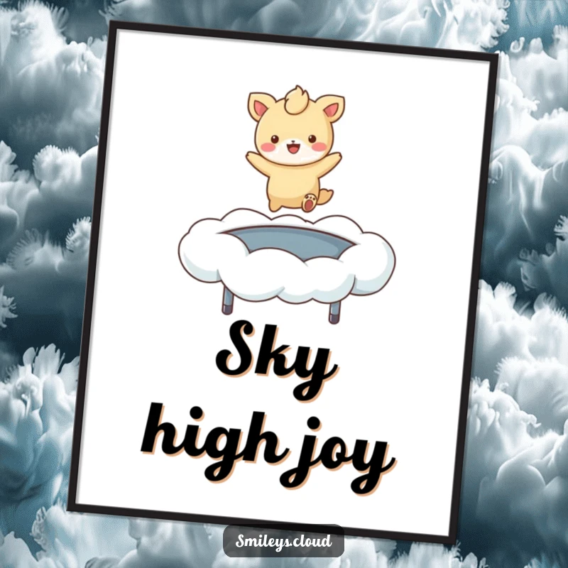 Funny digital art print of a gleeful cartoon animal joyfully bouncing on a soft, fluffy cloud, adding humor to any room.