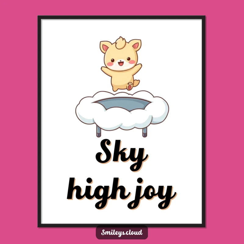 Funny Cloud Bouncer Animal Art Print: Joyful Pet Trampoline Scene, Vibrant Comedic Wall Decor