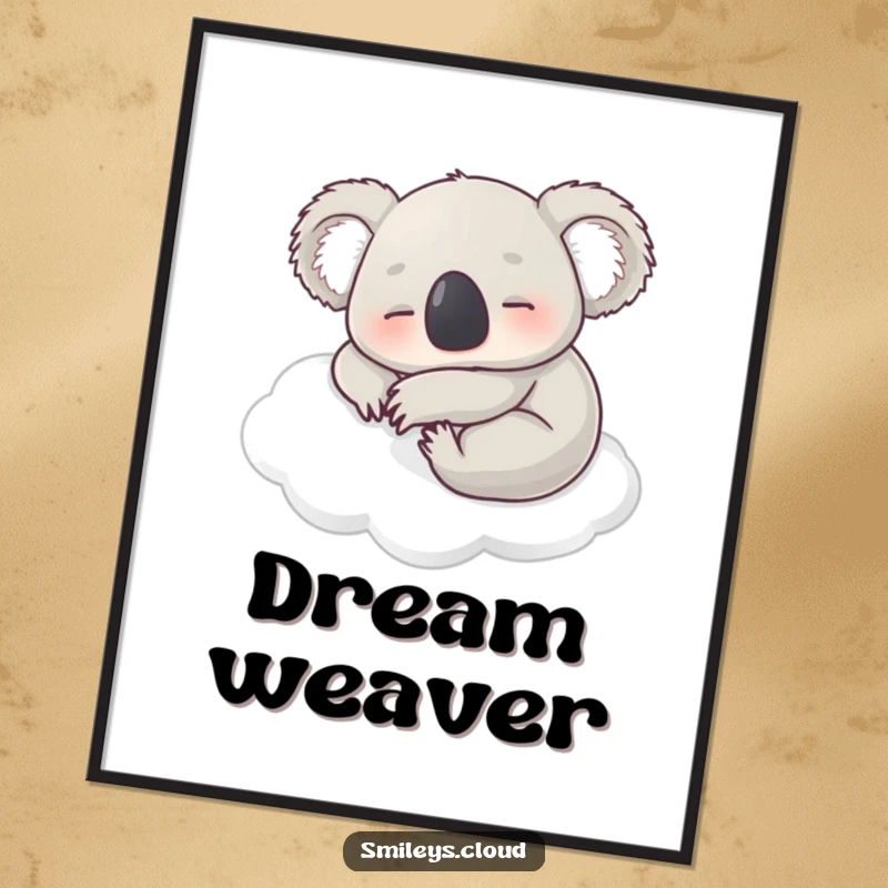 Funny digital art print of a contented koala napping on a soft white cloud, perfect for creating a tranquil and humorous atmosphere.