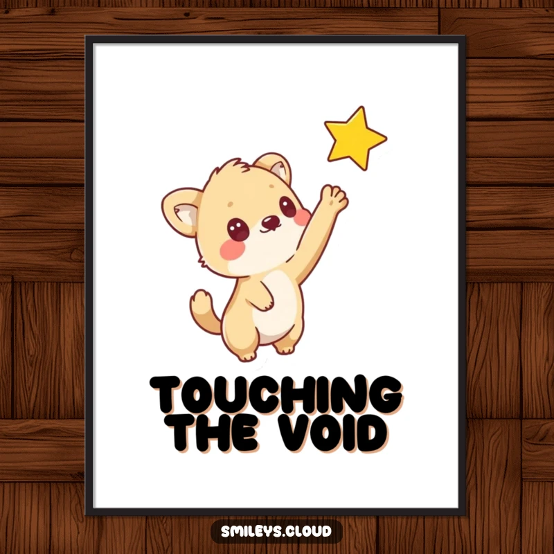 Funny digital art print of a curious animal reaching out to touch a star, full of whimsy and innocent aspiration.