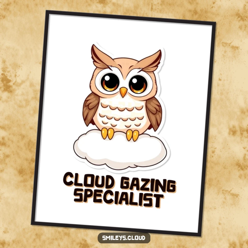 Funny curious owl digital art print, a high-resolution image of an owl with wide eyes on a cloud, perfect for humorous wall decor.