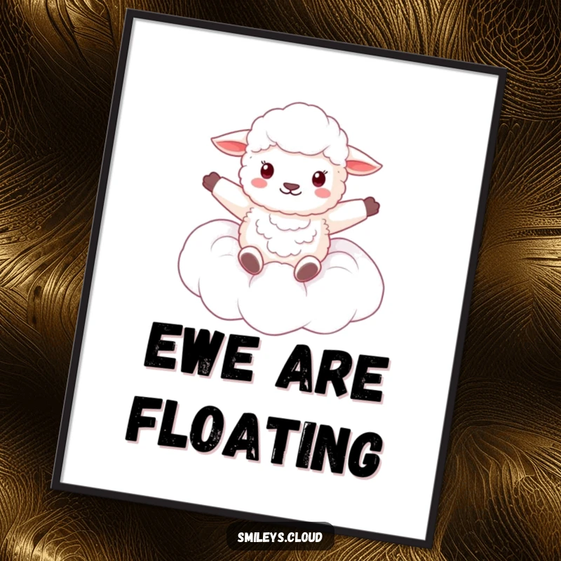 Funny digital art print of a fluffy sheep floating contentedly on a cloud, arms spread wide in a gesture of ultimate freedom.