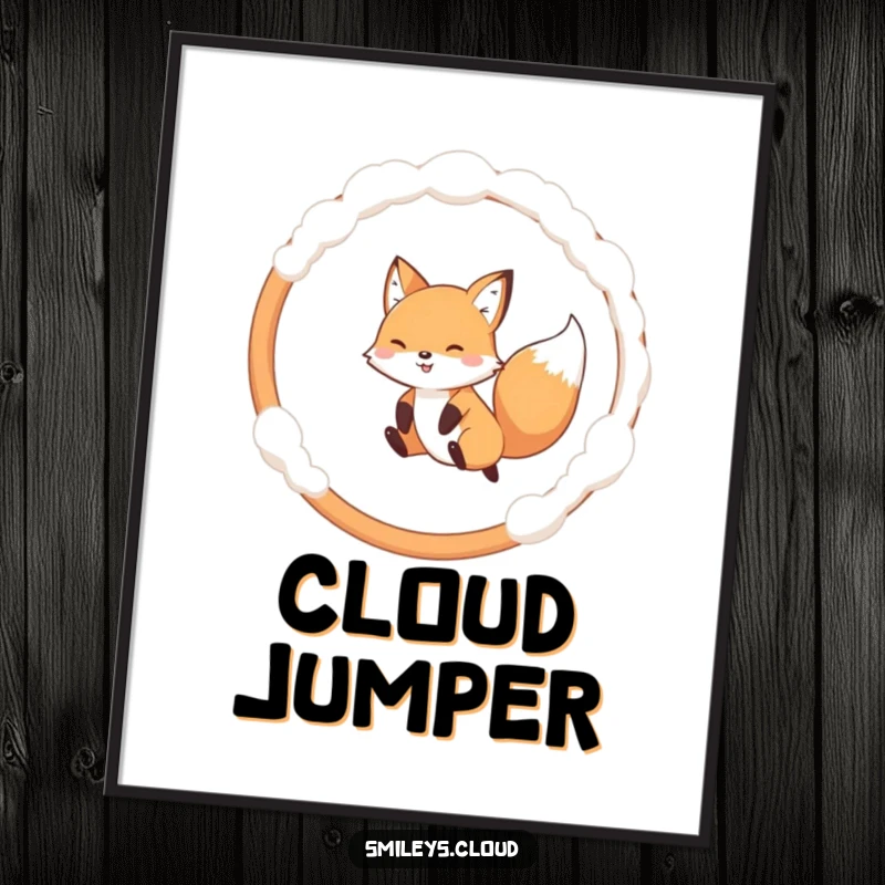 Funny digital art print of a playful fox leaping through a cloud hoop, offering instant cheer and whimsical humor.