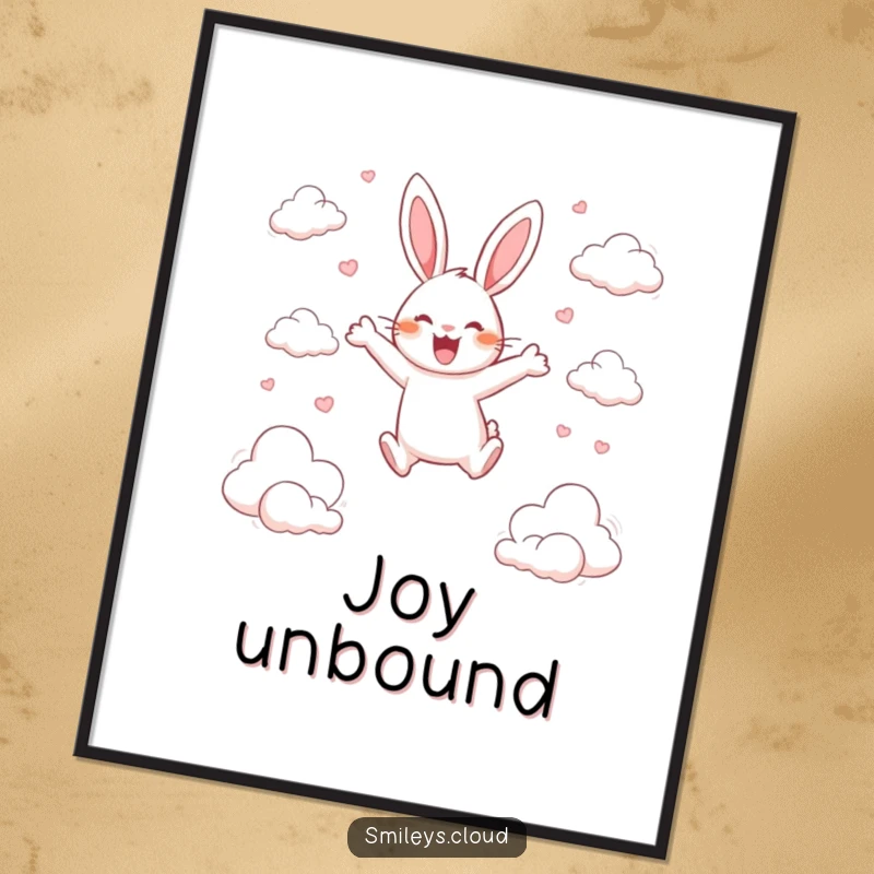 Funny digital art print of a happy rabbit joyfully leaping between scattered clouds, embodying pure excitement and delight.