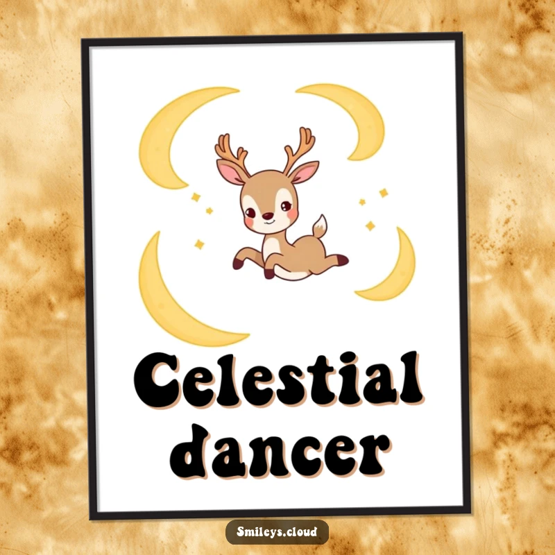Funny digital art print of a joyful deer leaping gracefully between crescent moons, perfect for creating a magical and humorous atmosphere.