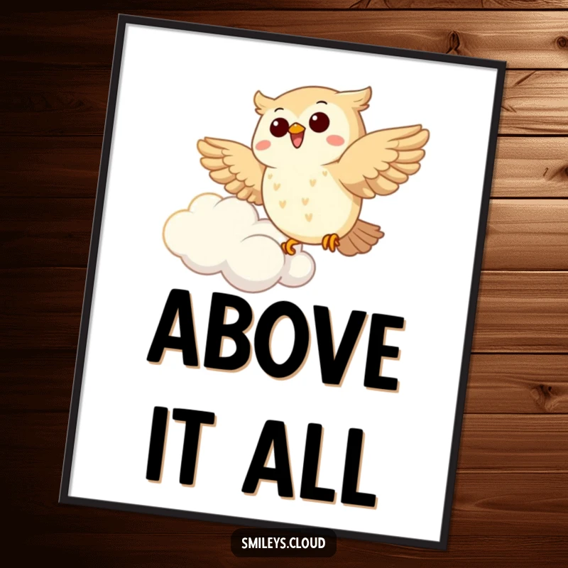 Funny Joyous Owl Soaring Digital Art Print: A happy owl flies by a fluffy cloud, offering instant, humorous wall decor.