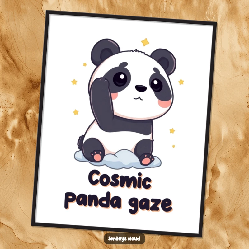 Funny panda digital art print of a curious panda gazing at stars from a cloud, a humorous and enchanting artwork.