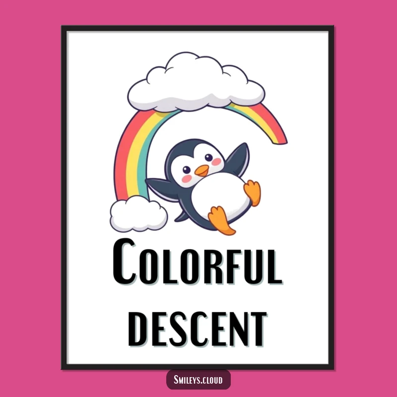 Funny Penguin Digital Art: Playful Rainbow Slide - Instant Cheerful Decor!