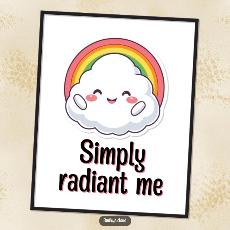 Funny digital art print of a proud cloud character holding a vibrant rainbow, beaming with joy and spreading happiness.