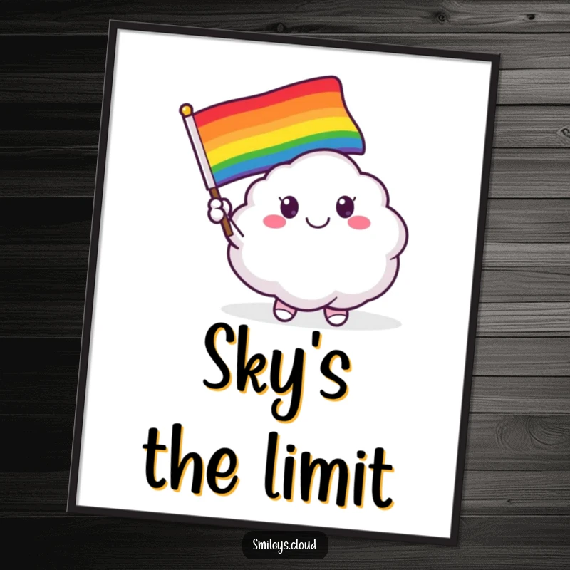 Funny digital art print of a smiling cloud critter enthusiastically waving a colorful rainbow flag, radiating positivity.