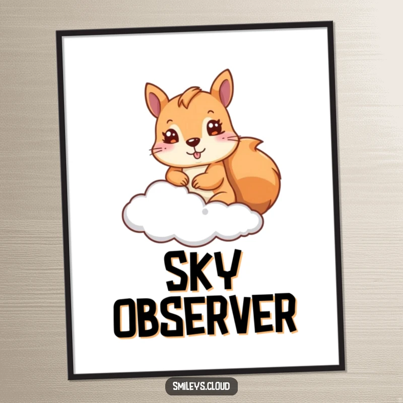 Funny Squirrel Digital Art: A cute squirrel peeks from a fluffy cloud, creating whimsical and humorous downloadable wall art.