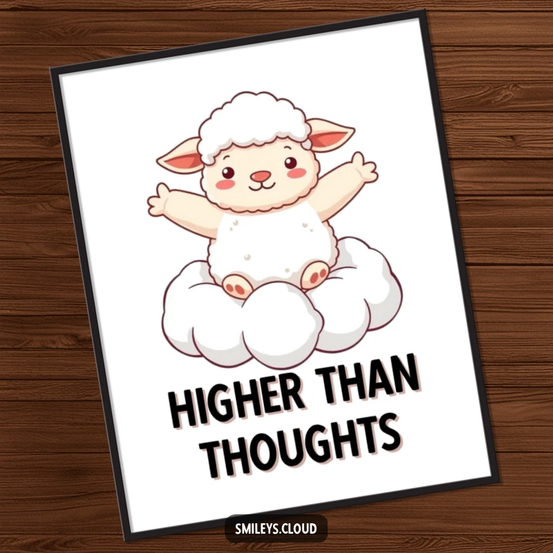 Funny digital art print of a fluffy sheep floating on a cloud with arms spread wide, radiating pure joy and serene escapism.