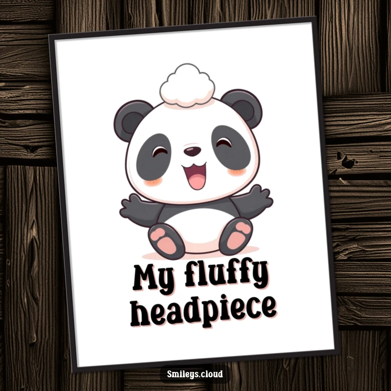 Funny digital art print of a charming panda balancing a miniature cloud on its head, ideal for instant whimsical decor.