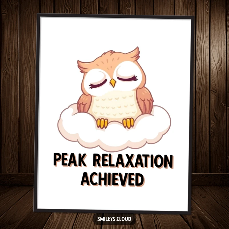 Funny digital art print of a content owl sleeping on a fluffy cloud, ideal for whimsical and cozy home decoration.