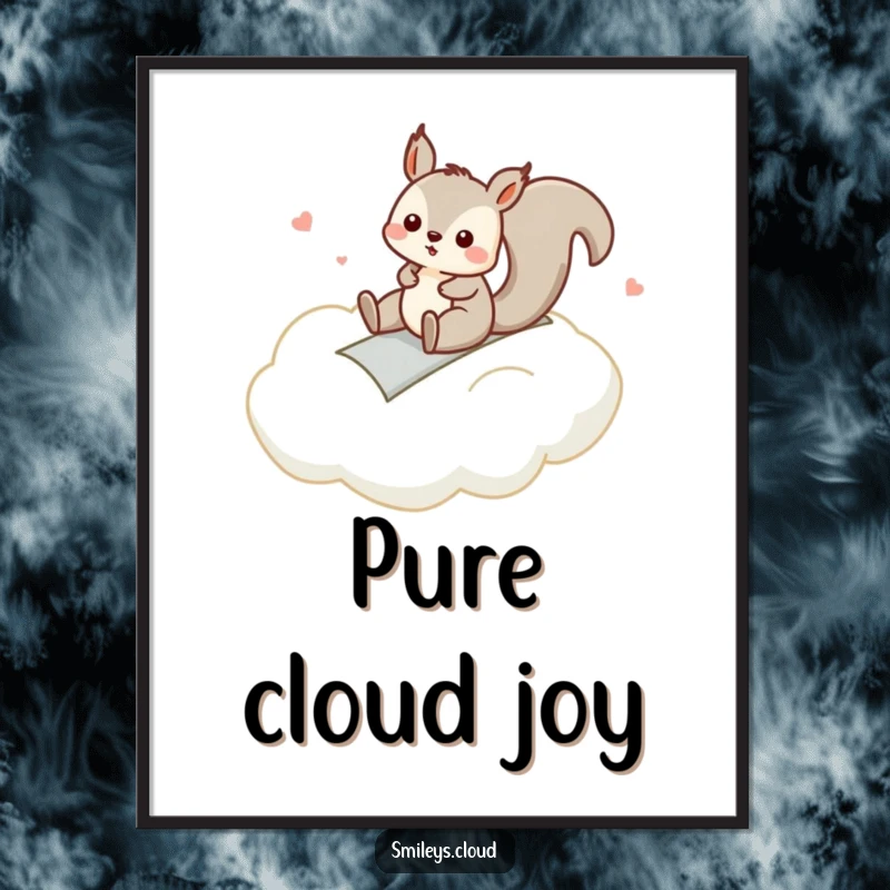 Funny digital art print of a silly squirrel sliding down a cloud like a slide, capturing pure, unadulterated fun.