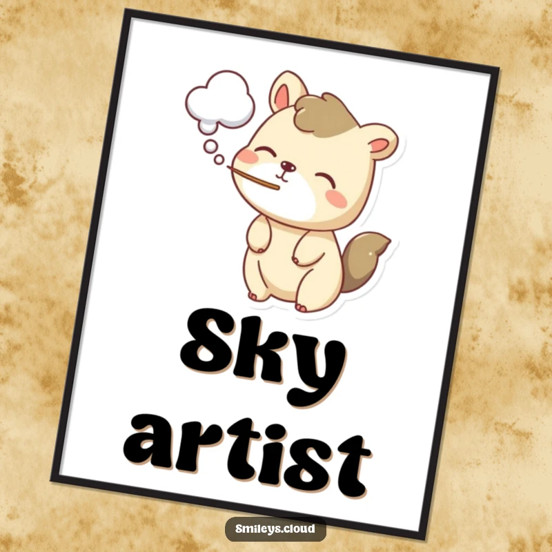 Funny digital art print of a playful animal blowing a soft, cloud-shaped puff of air, radiating gentle happiness and charm.