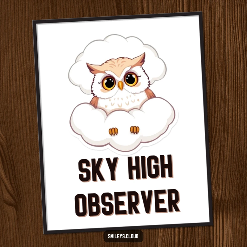 Funny digital art print of a curious owl peering down from a fluffy cloud, perfect for creating a whimsical and observant atmosphere.