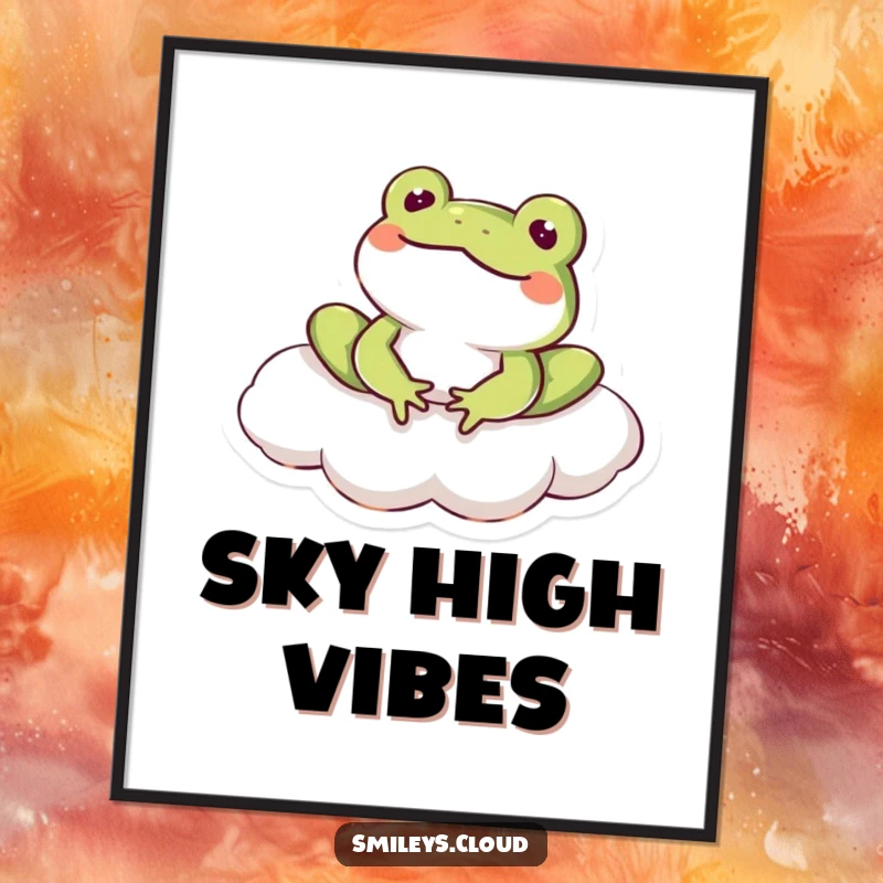 Funny frog character lounging on a cloud with a smile, rendered in vibrant, humorous digital art.