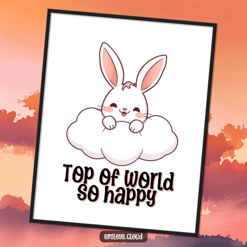 Funny rabbit digital art print of a cheerful bunny peeking from a fluffy cloud, creating a dreamy and cute atmosphere.
