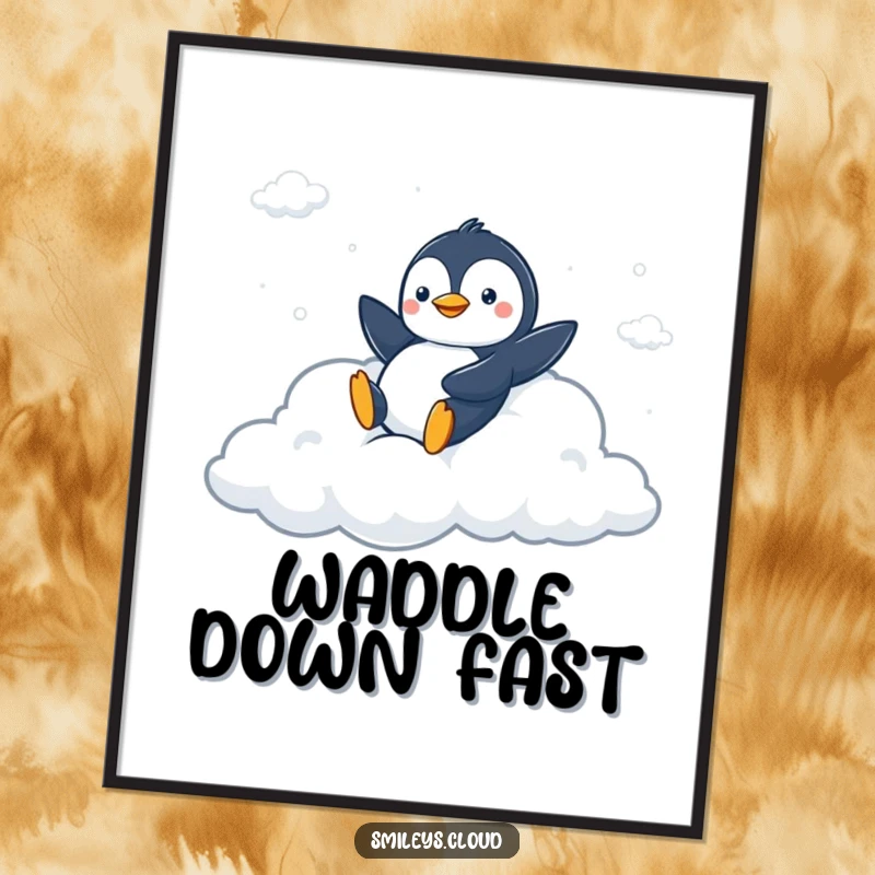 Funny digital art print of a peppy penguin sliding down a fluffy cloud slide, perfect for creating a playful and humorous atmosphere.