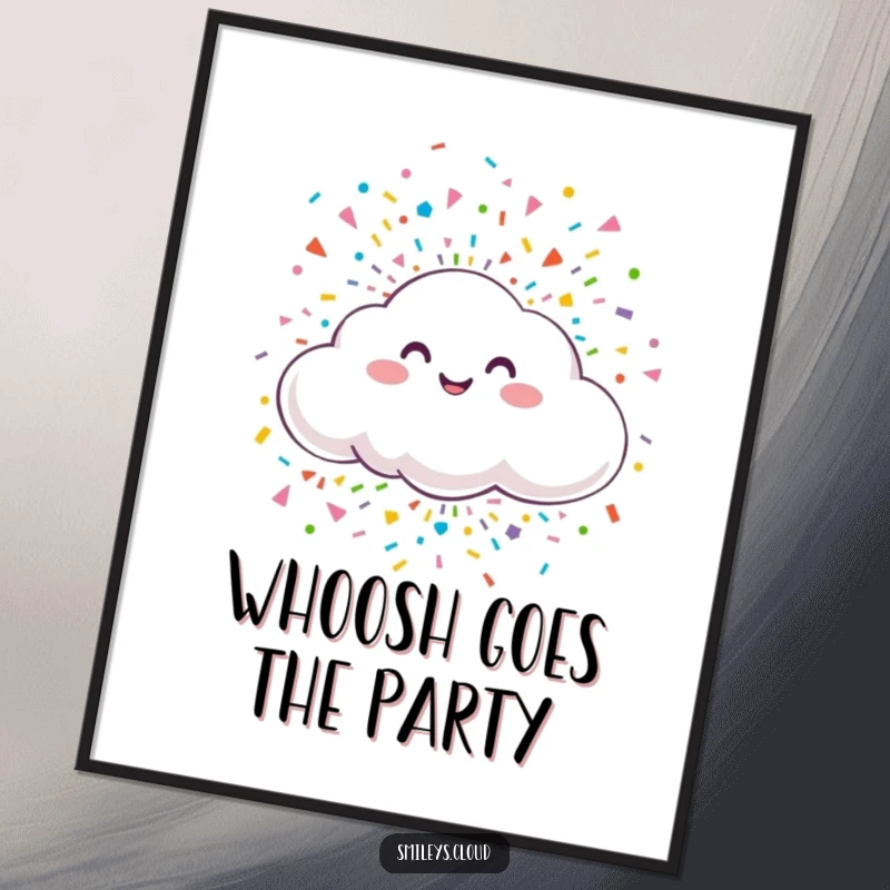 Funny digital art print of a smiling cloud joyfully releasing a vibrant burst of colorful confetti, creating a festive mood.