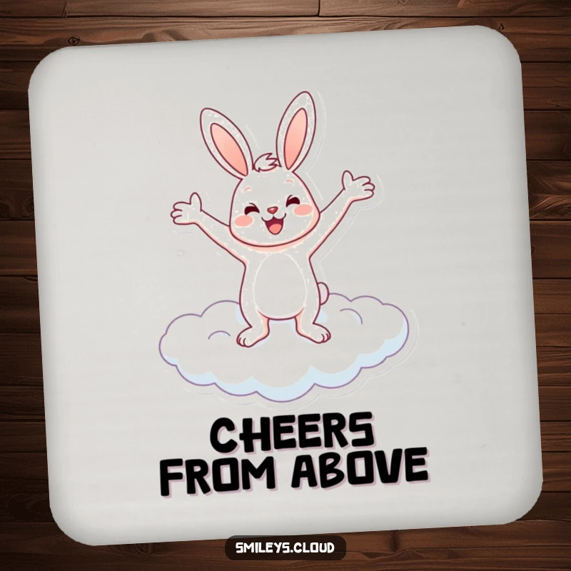 Funny drink coaster featuring a cheerful bunny balancing on a cloud with arms outstretched, offering funny surface protection.