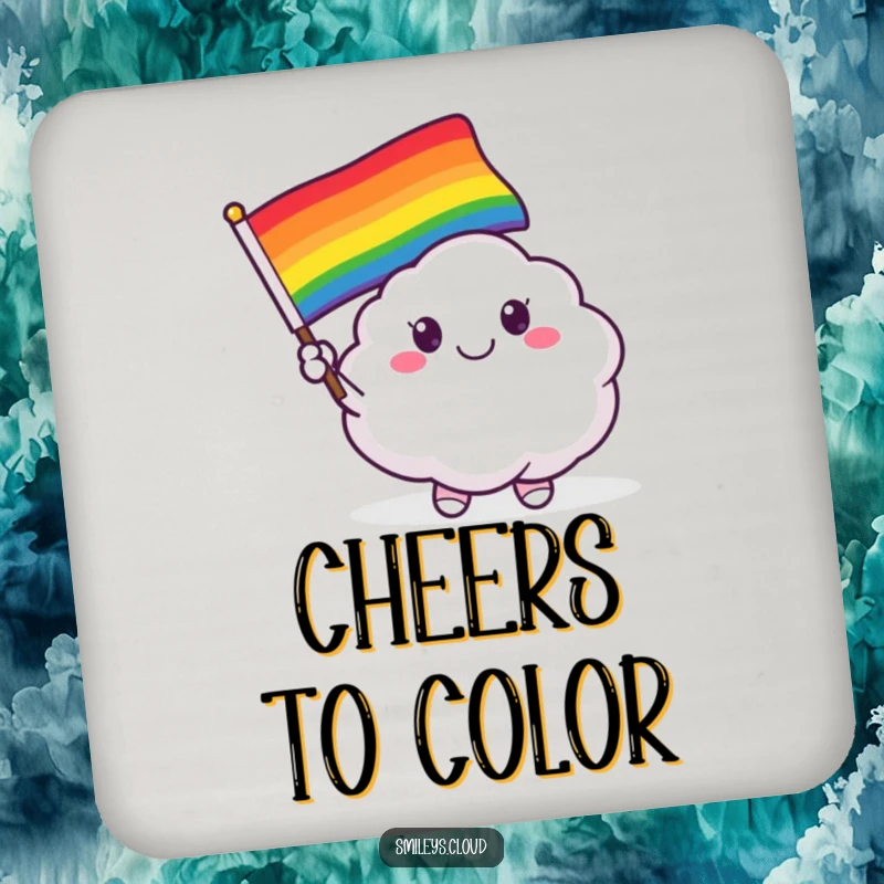 Funny drink coaster featuring a smiling cloud critter waving a colorful rainbow flag, spreading joy and pride.