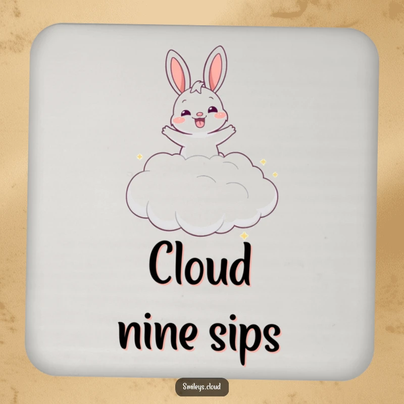 Funny grinning bunny joyfully bouncing on a cloud on protective drink coasters, bringing humor to tabletops.