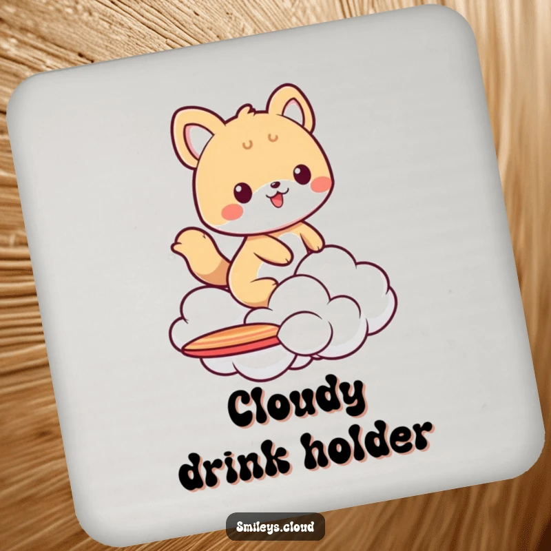 Funny drink coaster with an animal character surfing on a cloud, adding a humorous and adventurous touch to surface protection.