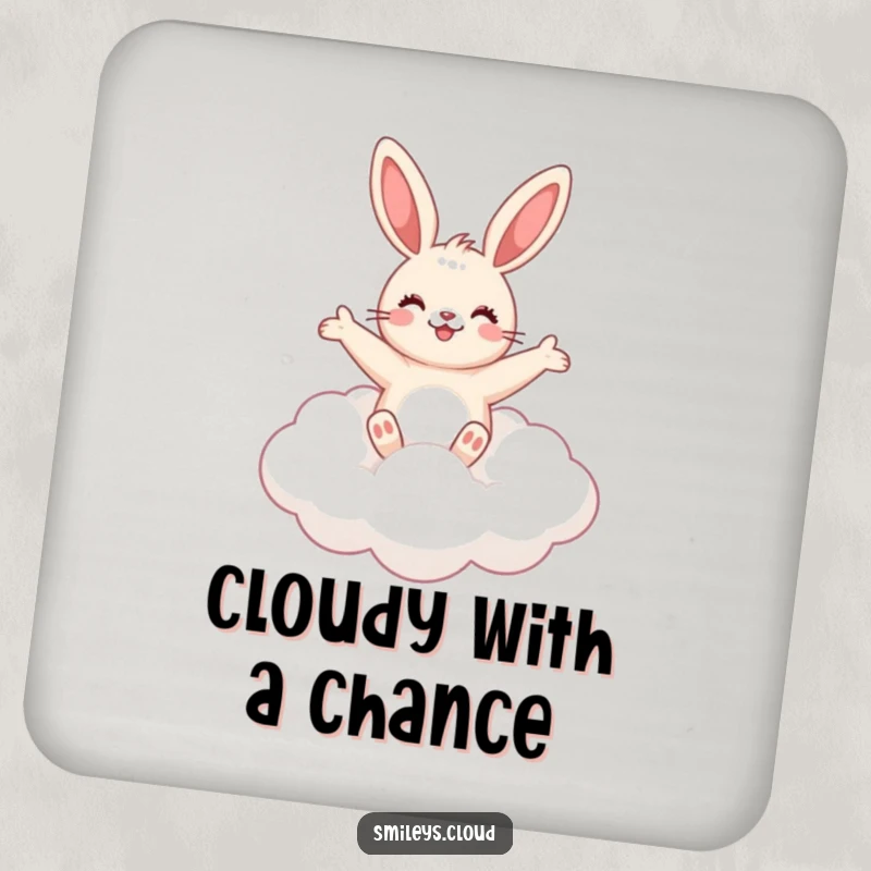 Funny cute bunny floating on a fluffy cloud, arms outstretched, on protective drink coasters.