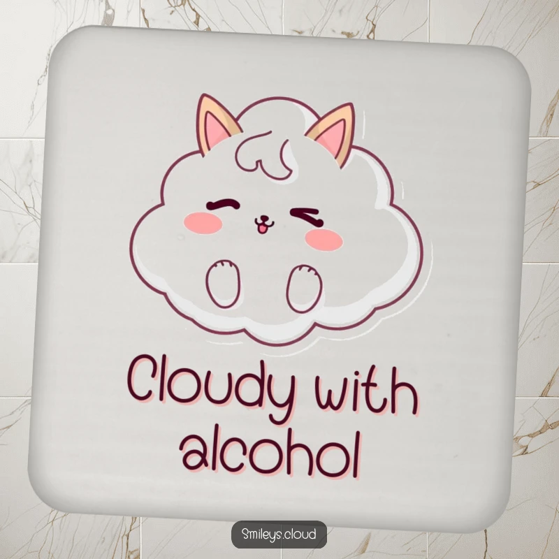 Funny drink coaster with a cute cloud animal winking, protecting surfaces with a touch of whimsical and humorous charm.