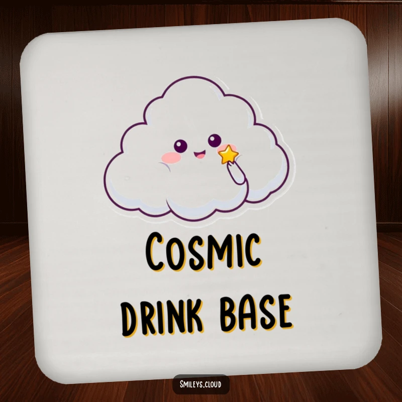 Funny drink coaster with a cloud character offering a glowing star, adding a touch of magic and humor to surface protection.