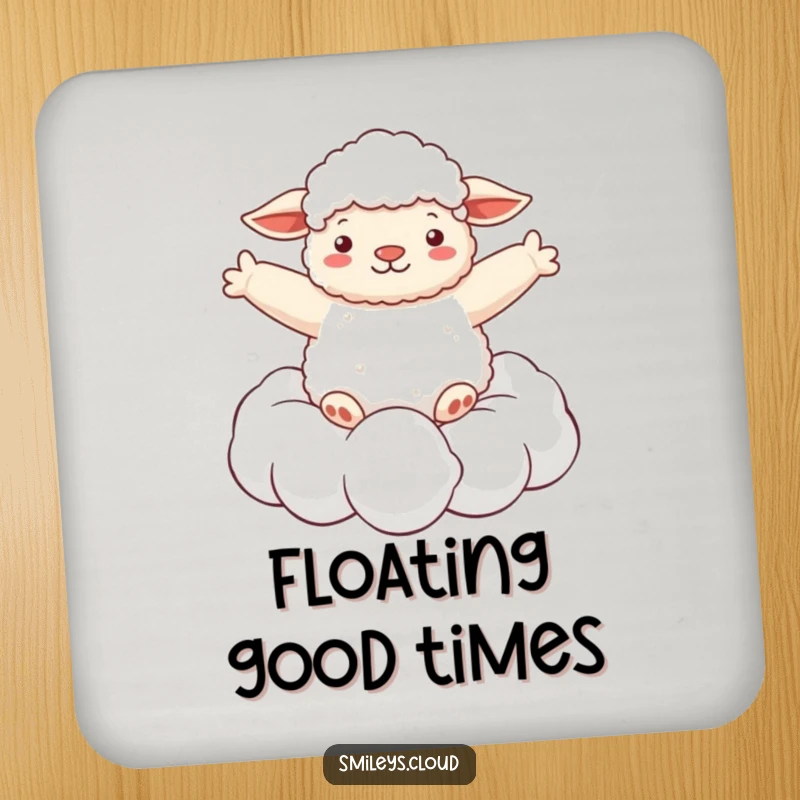 Funny drink coaster depicting a fluffy sheep floating on a cloud with arms spread wide, symbolizing serene escape and relaxation.