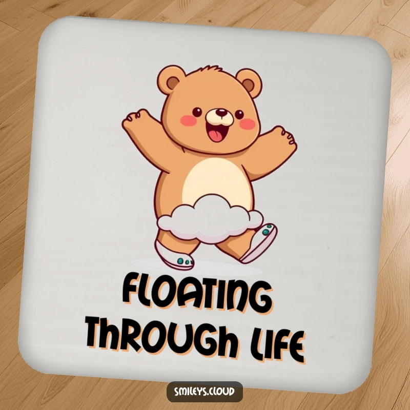 Funny drink coaster with a proud bear wearing cloud shoes and walking on air, adding a touch of pure, joyful humor.