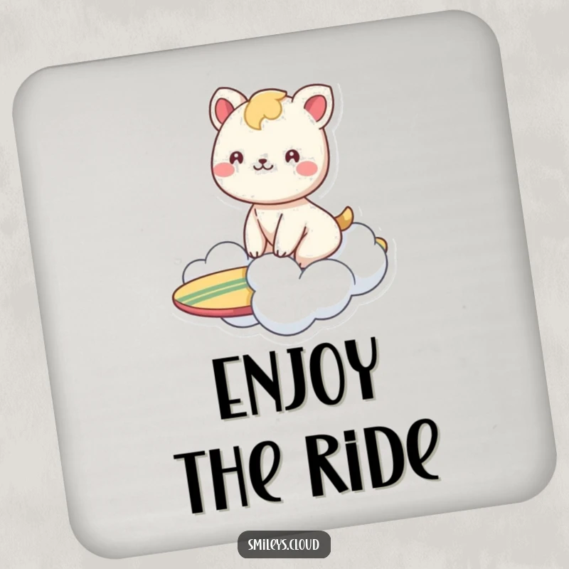 Funny coaster showing a smiling animal surfing on a cloud like a surfboard, adding cartoon happiness and surface protection.