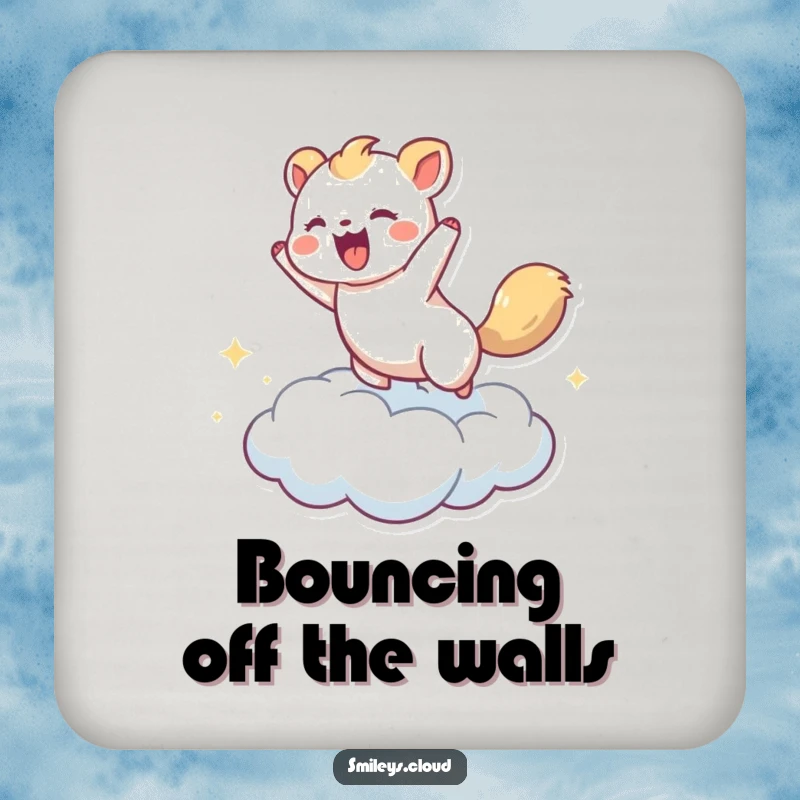 Funny coasters with an energetic animal bouncing happily on a cloud, protecting surfaces with playful charm.