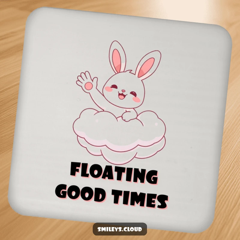 Funny drink coaster featuring a cheerful bunny character floating on a cloud, waving hello, protecting surfaces with a smile.