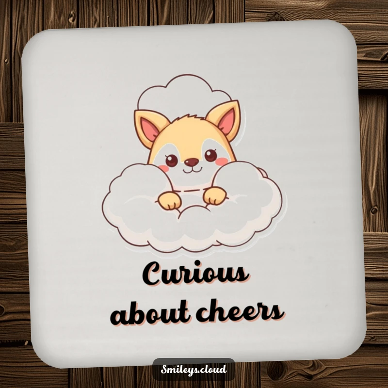 Funny drink coaster set featuring an animal character curiously peeking out from behind a fluffy cloud, adding a playful touch.