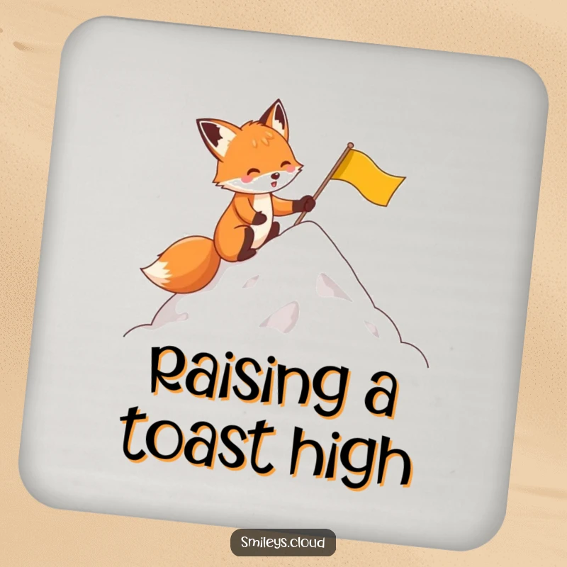 Funny drink coaster showcasing a determined fox planting a flag on a cloud, combining humor and surface protection.