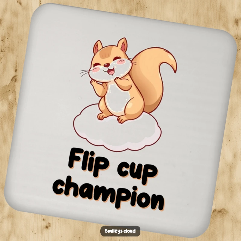 Funny Squirrel coasters featuring a giggling squirrel doing a flip on a cloud cushion, ideal for protecting surfaces with humor.