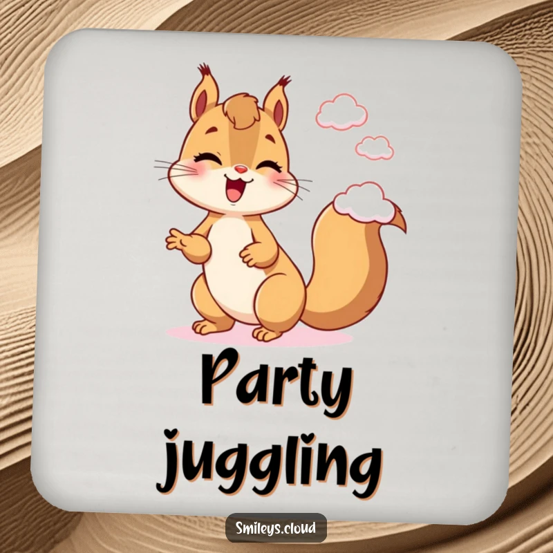Funny Squirrel Drink Coaster: A giggling squirrel juggles clouds, adding a fun and protective element to your drink setup.