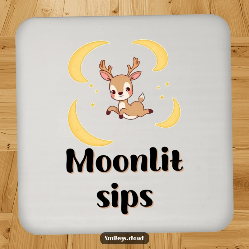 Funny drink coaster featuring a joyful deer gracefully leaping between crescent moons, protecting surfaces with magical humor.