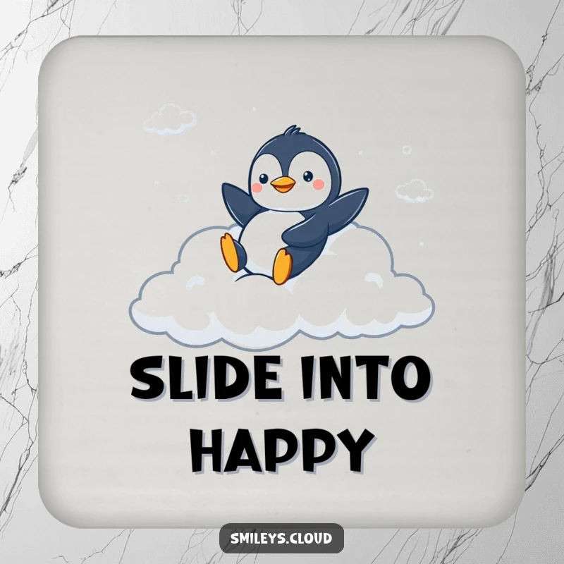 Funny drink coaster featuring a peppy penguin sliding down a fluffy cloud slide, protecting surfaces with playful humor.
