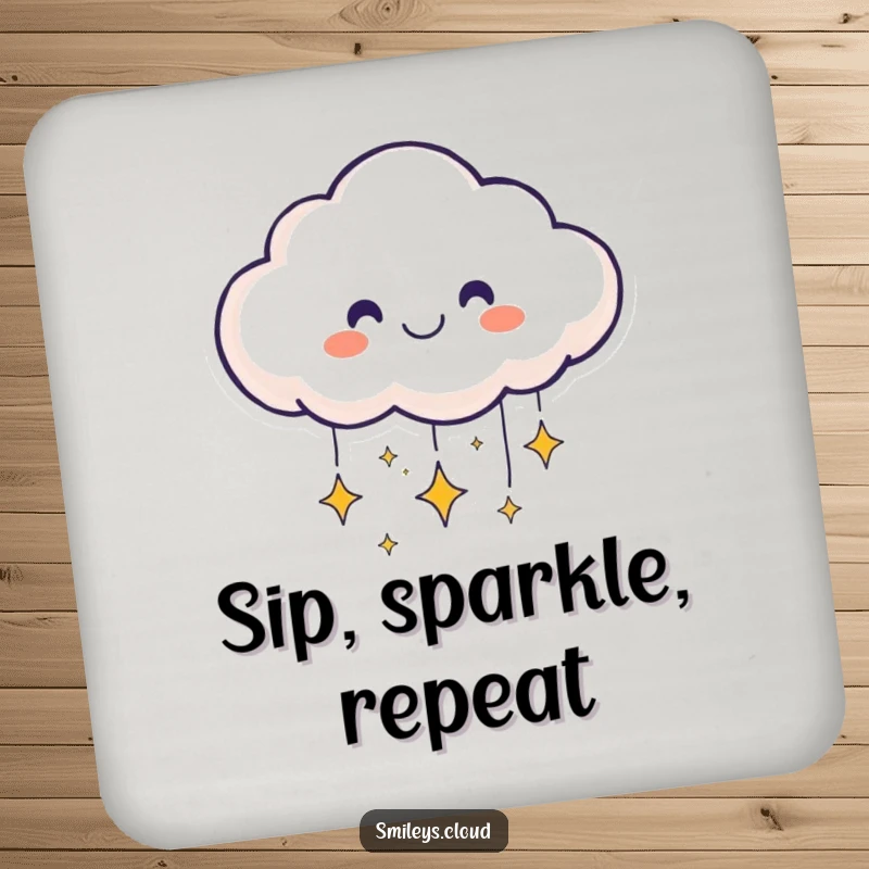 Funny smiling cloud face on a drink coaster sending sparkling stars downward, adding a magical touch.