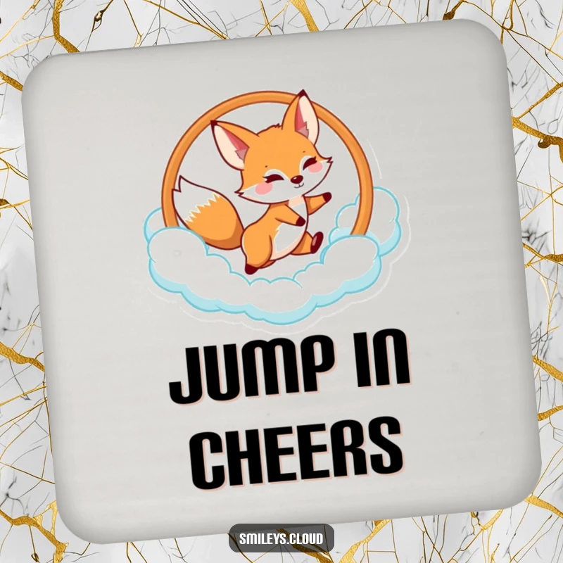 Funny fox coasters designed with a playful fox jumping through a cloud hoop, perfect for protecting surfaces.