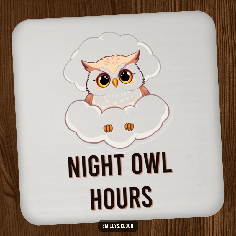 Funny drink coaster featuring a curious owl peering down from a fluffy cloud, adding whimsical protection.