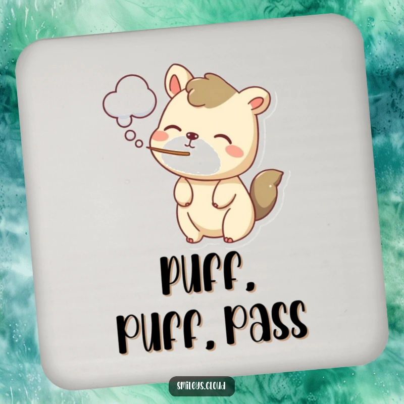 Funny drink coaster with a playful animal gently puffing a cloud-shaped air, adding a whimsical touch to any surface.
