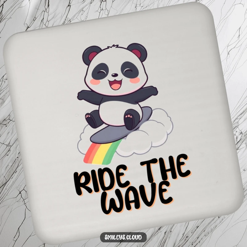Funny drink coaster with a panda joyfully surfing a rainbow cloud, adding a touch of playful decor.